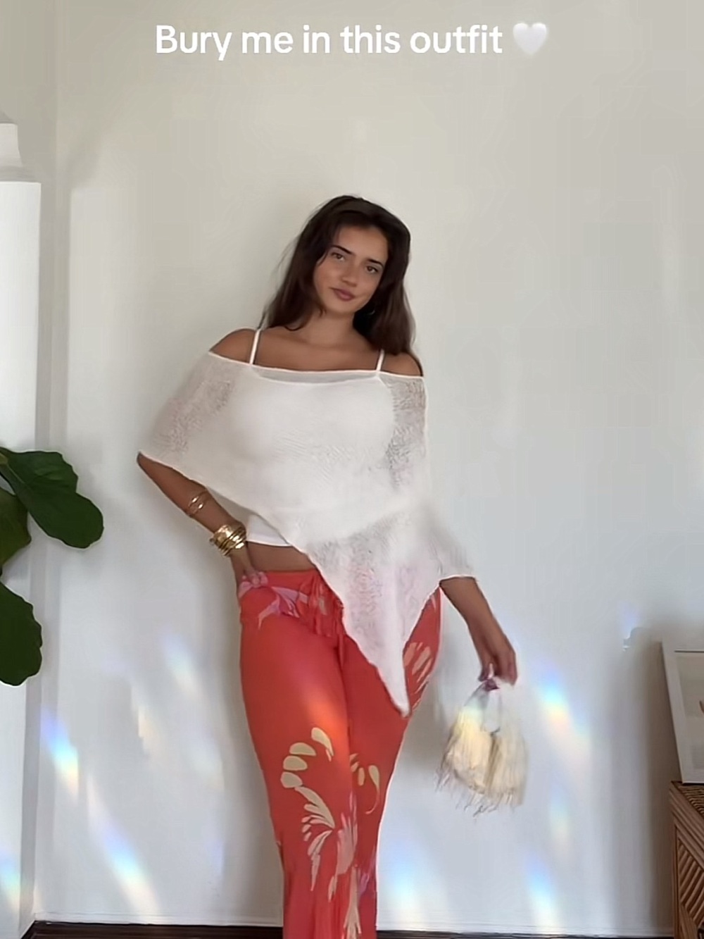 White Sheer Off-Shoulder Top with Coral Floral Pants